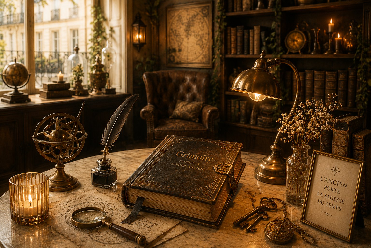 Bureau ancien avec livre, plume, lumière chaude et ambiance de correspondance
