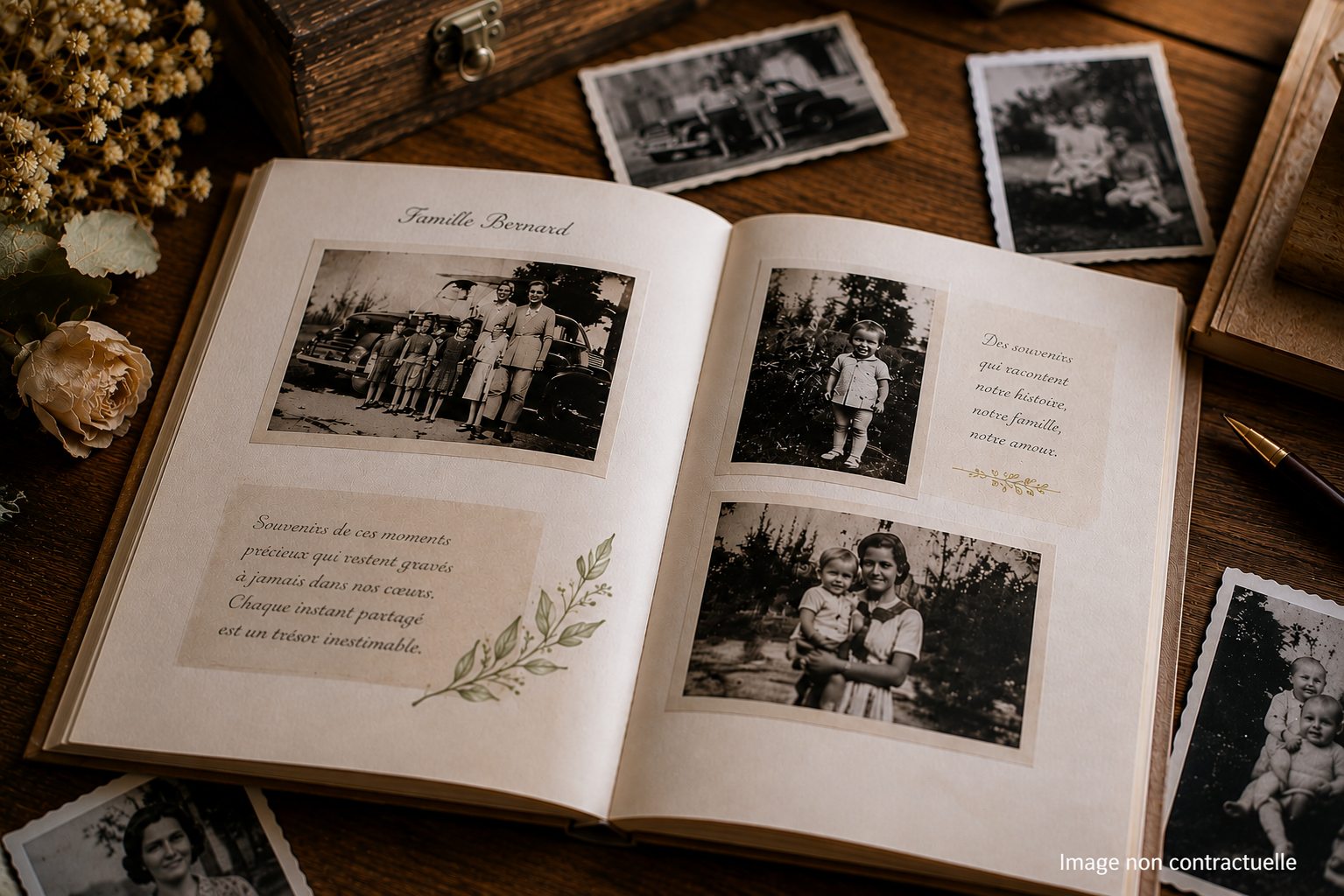 Livre ouvert avec photographies anciennes et souvenirs familiaux