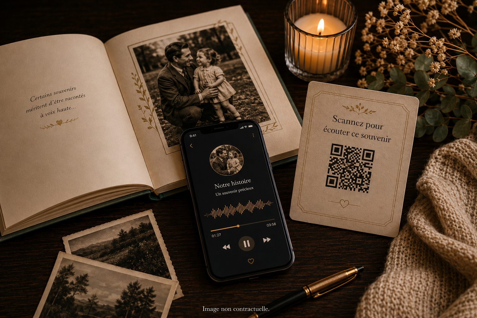 Livre ouvert, téléphone, QR code audio, bougie et photos anciennes