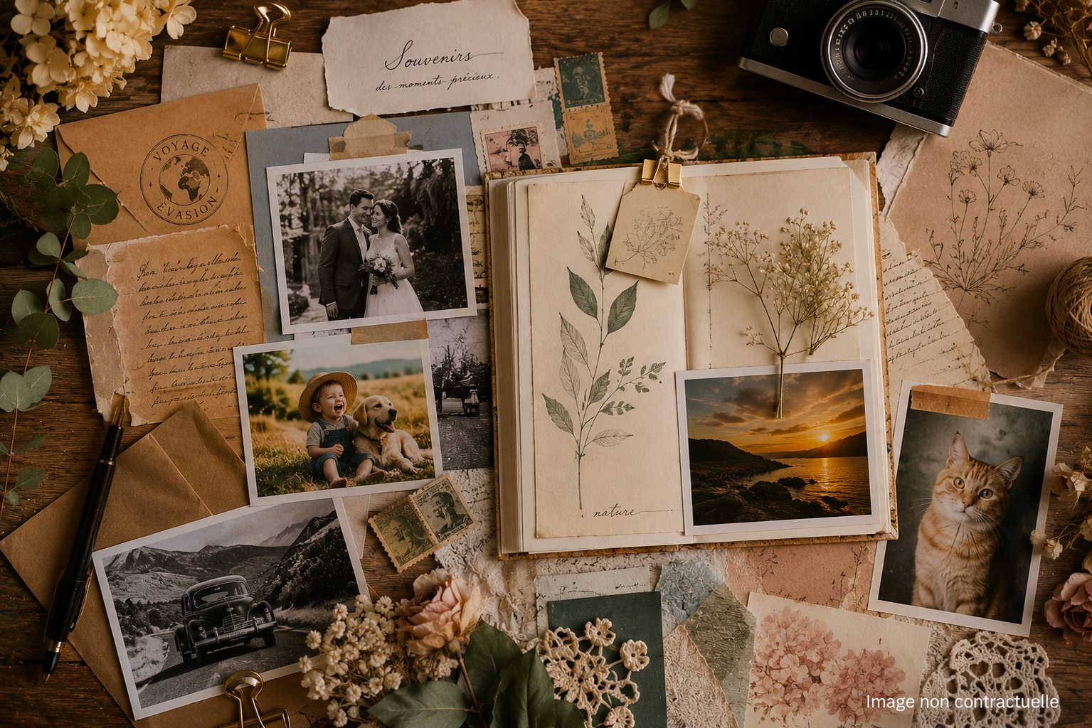 Collage émotionnel avec fleurs, voyage, animaux, souvenirs anciens et univers graphique personnalisé