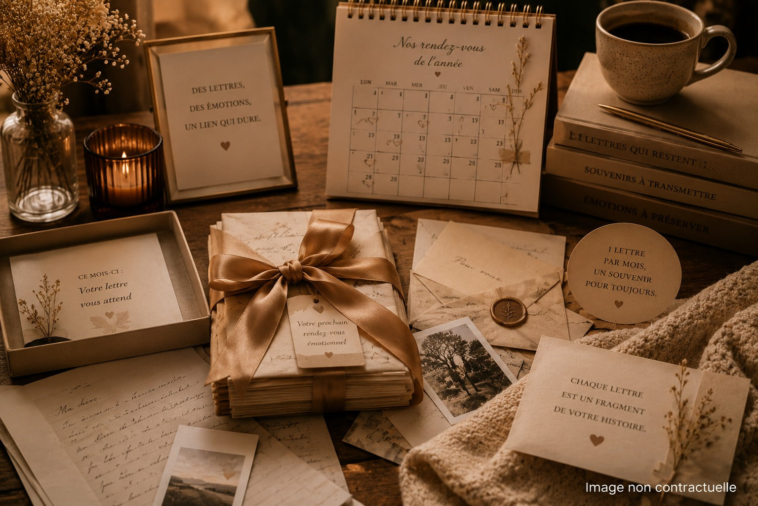 Abonnement de lettres avec calendrier, rubans, enveloppes et souvenirs