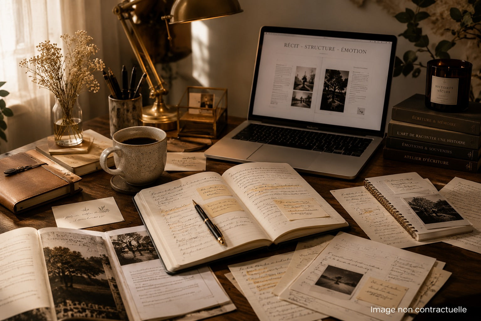 Bureau éditorial avec ordinateur, carnets, pages ouvertes et mise en page