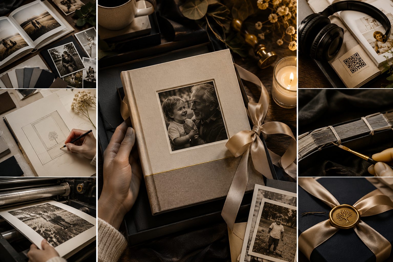 Atelier Mes Mémoires avec livre premium, photos, rubans, papier et détails de création