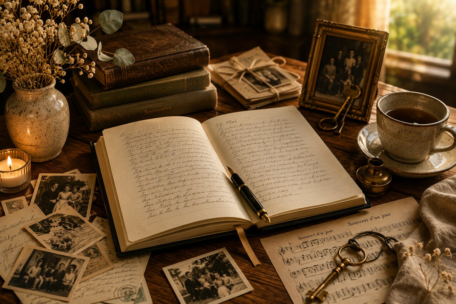 Bureau avec journal, photos anciennes et partition musicale