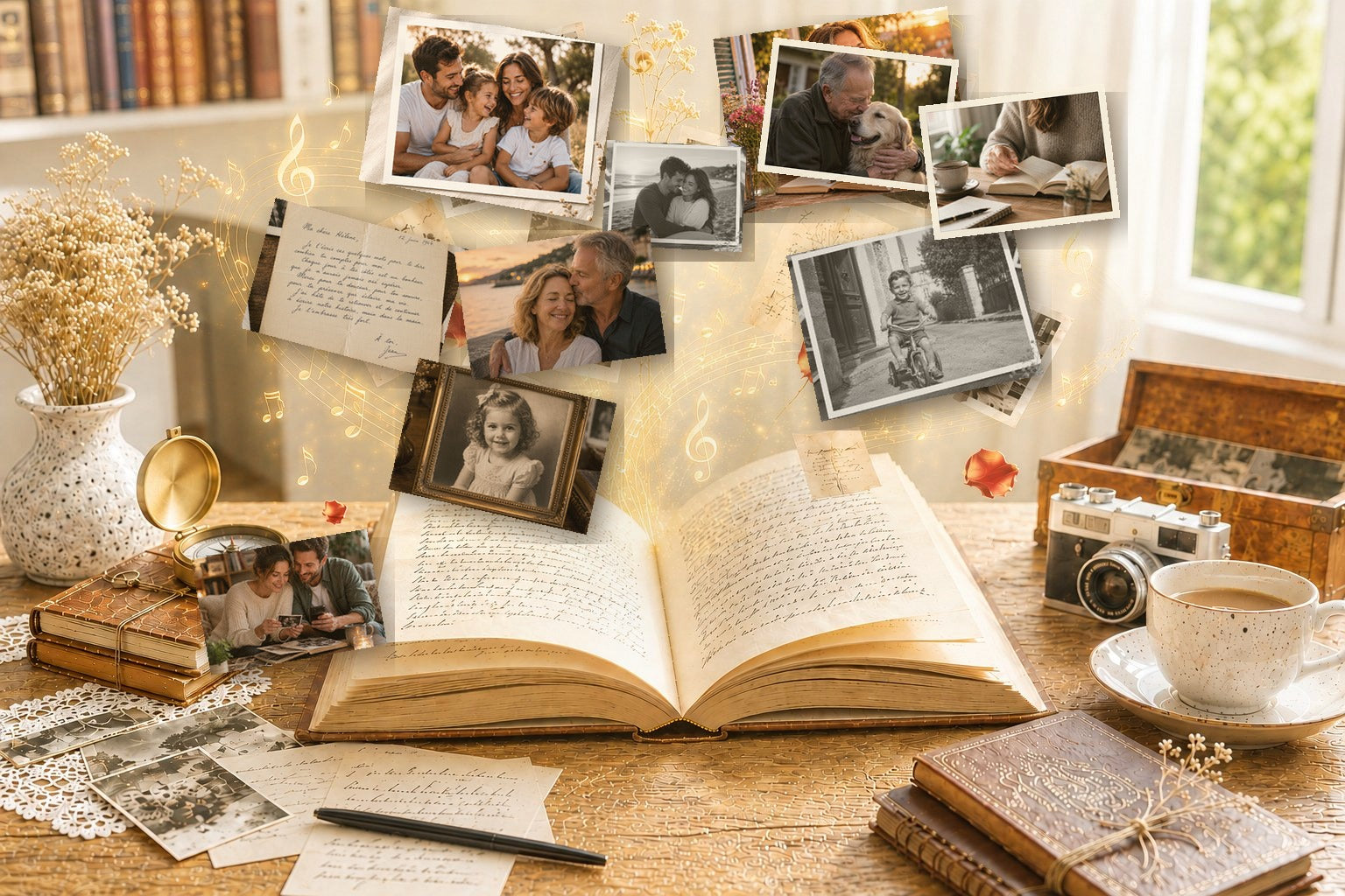 Livre ouvert avec photos et souvenirs qui s'envolent